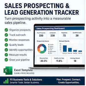 May include: A digital sales prospecting and lead generation tracker Excel template displayed on a laptop screen. The dashboard shows metrics like total prospects, contact rates, and response data with a pie chart and bar graph for business analysis.