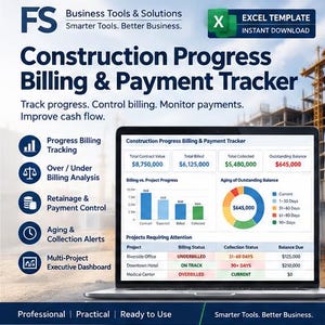 May include: A laptop screen displaying a Construction Progress Billing & Payment Tracker Excel template. The dashboard features financial data, bar charts, a pie chart, and a project status table with columns for project, billing, and collection status.