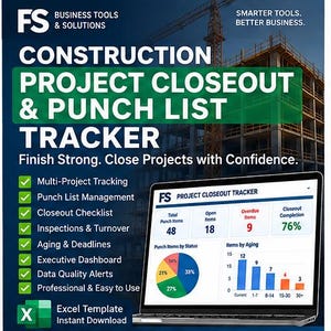 Construction Punch List and Project Closeout Tracker Excel Template | Closeout Checklist, Inspection & Completion Log