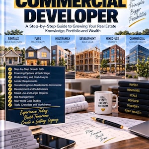 Peut inclure: Un livre intitulé From Residential Investor to Commercial Developer avec le sous-titre A Step-by-Step Guide to Growing Your Real Estate Knowledge, Portfolio and Wealth. La couverture présente des images immobilières, un mug, des plans et un stylo.