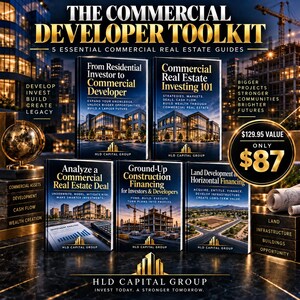 May include: The Commercial Developer Toolkit includes five essential commercial real estate guides titled From Residential Investor to Commercial Developer, Commercial Real Estate Investing 101, Analyze a Commercial Real Estate Deal, Ground-Up Construction Financing, and Land Development & Horizontal Financing.