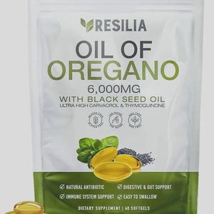 May include: A white and green pouch of Resilia Oil of Oregano 6,000mg dietary supplement softgels. The packaging features text, illustrations of oregano leaves and black seeds, and three golden softgel capsules. It contains 60 softgels.