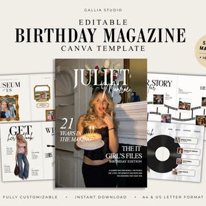 Könnte beinhalten: Eine bearbeitbare Canva-Vorlage für ein Geburtstagsmagazin mit einem 52-seitigen Layout und 10 optionalen Seiten. Das Design umfasst ein Cover mit dem Text Juliet Monroe, 21 Years in the Making und The It Girl's Files sowie Innenseiten mit Fotorahmen.