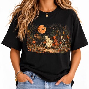 Mroczna koszulka na Halloween, koszulka w stylu vintage gotycka, koszulka z upiornym szkieletem czarownicy, koszulka z dynią ducha, koszulka z mrocznym fantasy na Halloween, upiorny prezent na sezon