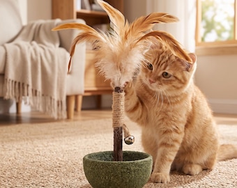 Juguete estimulante para gatos, juguete interactivo para gatos, juguete de plumas para gatos, juguete de madera natural hecho a mano para mascotas, regalo para gatitos que combate el aburrimiento