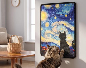 May include: A rectangular wall-mounted cat scratching pad featuring a printed design of a starry night sky with a silhouette of a black cat. The surface has a textured grid pattern, and the edges are framed in black. A cat is scratching the pad.