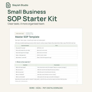 May include: A digital Small Business SOP Starter Kit document template by Slayish Studio. The page features a Master SOP Template with sections for document details, task descriptions, and procedural steps in a clean, organized layout.