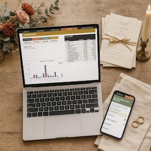 May include: A silver laptop displaying a wedding budget dashboard with charts and tables, alongside a smartphone showing a wedding planning form, a stack of Save the Date cards with gold ribbon, and a tall white candle on a brass holder.