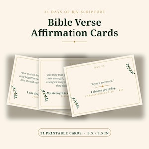 Tarjetas de afirmaciones con versículos bíblicos: 31 días de afirmaciones con versículos de la Biblia Reina Valera, regalo cristiano imprimible para mujeres.