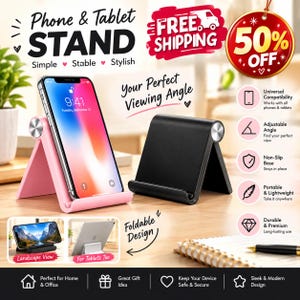 May include: A pink and a black foldable phone and tablet stand, each featuring a silver circular hinge mechanism. The stands are shown supporting a smartphone in portrait orientation, a smartphone in landscape view, and a tablet device.