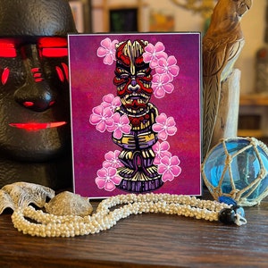 Tiki Decor Japan Wall Art Kabuki Mask Tiki Bar Print Cherry Blossom Artwork Tiki Art Tiki Mug Print Japanese Aesthetic Kabuki Theater Art
