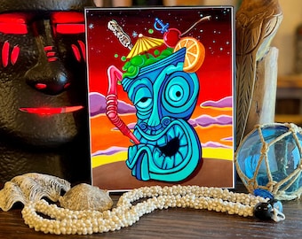 Tiki Mug Art Print for Home Tiki Bar Cocktail Gift Bar Decor Lowbrow Wall Art Tiki Garnish Swizzle Stick Hawaii Artwork Best Gift Tiki Art