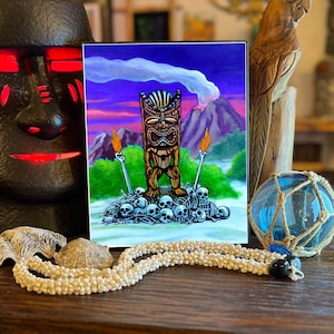 Ku Tiki Print Hawaiian Tiki War God Tiki Wall Art Skull and Tiki Lowbrow Artwork of Volcano Tiki Bar Decor Art for Tattoo Lover Tiki Mug Art
