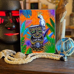 Cockatoo Wall Art Tiki Room Tropical Bird Art Tiki Bar Decor Tiki Drum Wall Hangings colorful skull gifts Tiki Mug Cartoon Wall Decor Aloha