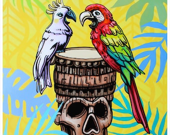 Tiki bar Room, Anniversary art, Tiki decor, Bird Art, Love Birds, Art Print, Tropical Bird Print, Cockatoo Art, Parrot Art, Wall Art,