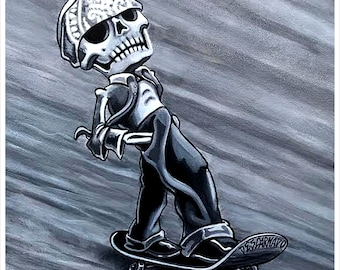 Regalo per la festa del papà, stampa artistica di skateboard, skateboard scheletro, regalo di compleanno, giorno dei morti, stampa artistica di skateboard, arte di skateboarder,