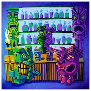 Tiki Bar Art Print: Hawaii Home Bar Decor, Man Cave Artwork (8x8)