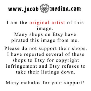 Pu&ograve; includere: Testo su sfondo bianco che dice "www.jacobmedina.com". Il testo sotto dice "Sono l'artista originale di questa immagine. Molti negozi su Etsy hanno piratato questa immagine da me. Per favore, non supportare i loro negozi. Ho segnalato diversi di questi negozi a Etsy per violazione del copyright e Etsy si rifiuta di rimuovere i loro annunci. Grazie mille per il tuo supporto!"