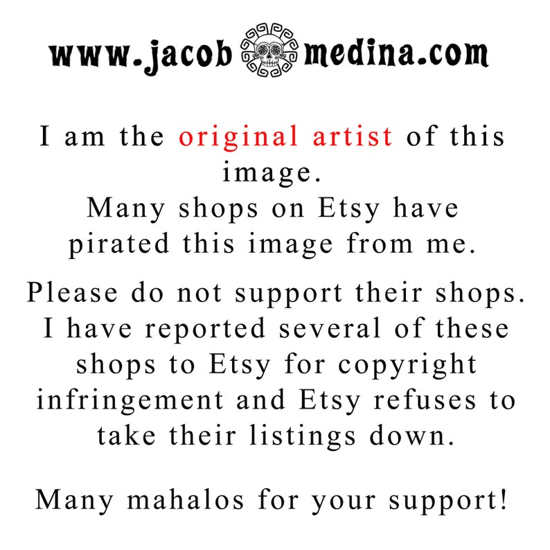 Pu&ograve; includere: Testo su sfondo bianco che dice "www.jacobmedina.com". Il testo sotto dice "Sono l'artista originale di questa immagine. Molti negozi su Etsy hanno piratato questa immagine da me. Per favore, non supportare i loro negozi. Ho segnalato diversi di questi negozi a Etsy per violazione del copyright e Etsy si rifiuta di rimuovere i loro annunci. Grazie mille per il tuo supporto!"