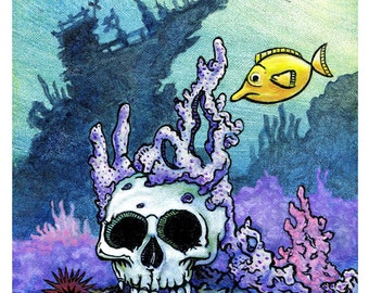 Sunken Head, 8x10 Print, Pirate Skull, Pirate Ship, Tang Fish, Coral Reef, Pirate Art, Pirate skeleton, Ship Wreck, Christmas gift