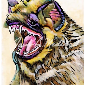 May include: A colorful, stylized illustration of a bat with its mouth open, showing sharp teeth. The bat's fur is depicted in shades of brown, yellow, and white, with accents of purple and pink.