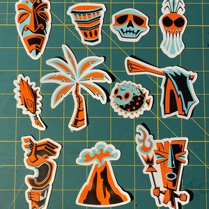 Tiki sticker bundle Hawaii Sticker Pack of Island tiki stickers Beach Tropical art sticker for Surfer Vinyl Sticker for Skateboard SoCal Art