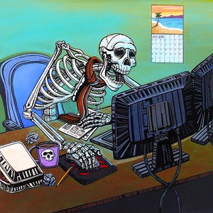 May include: A skeleton wearing a brown scarf sits at a desk with two computer monitors, a keyboard, a mouse, a cup of coffee, and a takeout container. The desk is brown and the background is a light blue-green color. There is a calendar on the wall with the month of January 2016.
