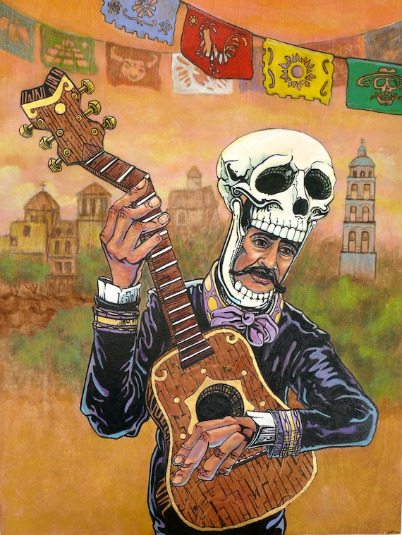 Mariachi Art Print Day of the Dead Guitar Skull Office - Etsy
