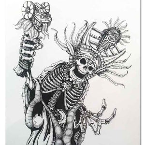 Kapłan Lokote, Oryginalny rysunek, Zaciekły, Oryginalna postać, Sztuka tuszem, Dzień Zmarłych, Szkielet Dia de los Muertos, Mroczna sztuka, Aztek
