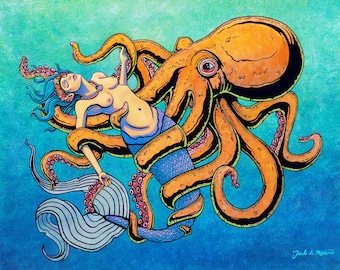 Stampa artistica di sirena polpo: opera d'arte nautica firmata sull'oceano