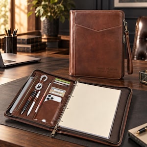 May include: A brown leather portfolio with a zipper closure and a wrist strap. The exterior features the text DANIEL MORGAN PROJECT MANAGER. The interior includes a ring binder, slots for cards, a smartphone, pens, and a coiled charging cable.