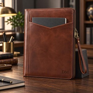 May include: A brown leather portfolio case featuring a vertical zipped closure, a detachable wrist strap, and an exterior slip pocket containing a black notebook. The bottom right corner of the portfolio is embossed with the initials DM.