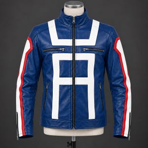 May include: A blue leather jacket featuring a white geometric pattern on the chest and shoulders, with red and white stripes running down the sleeves. The jacket includes a stand-up collar, a full-length front zipper, and two zippered chest pockets.
