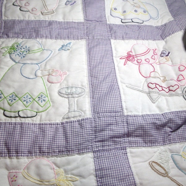 Handmade Baby Quilt purple gingham Sunbonnet Sue Hand embroidered hand quilted  Adorable