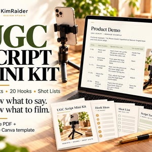 May include: A digital product kit titled UGC SCRIPT MINI KIT featuring a 20-page PDF and Canva template. The display shows a laptop screen with a product demo script, a smartphone on a tripod, and printed document pages with hook ideas and shot lists.