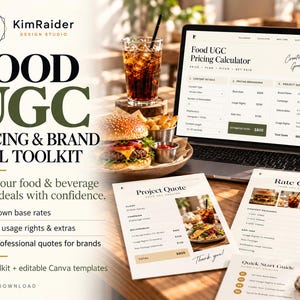 Può includere: Un kit di strumenti digitale per il pricing di contenuti UGC food e accordi con i brand, con un laptop che mostra un calcolatore, documenti stampati di preventivi e listini prezzi, e una guida rapida, accanto a un burger.