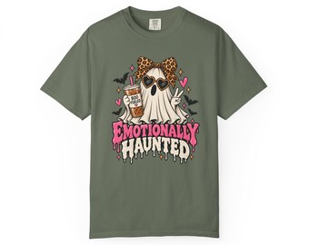 Emotionally Haunted ghost illustration T-shirt | Halloween spooky coffee tee