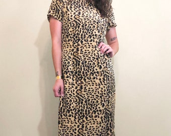 Vintage 1990's 100% Silk Cheetah Animal Print Short Sleeve Cocktail Dress Size 6