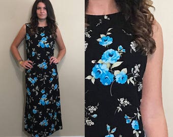 Vintage Floral Patterned Black Grunge Punk Long Sleeveless Maxi Dress Size Small
