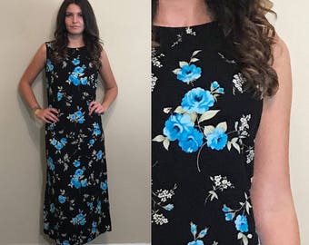 vintage Floral Patterned Black Grunge Punk Long Sleeveless Maxi Dress Taille Small