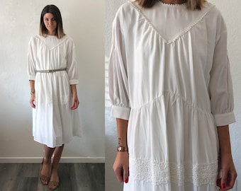 Vintage 1970's Handmade White Embroidered Crocheted Lace Peasant 3/4 sleeve Dress with Silk Lining