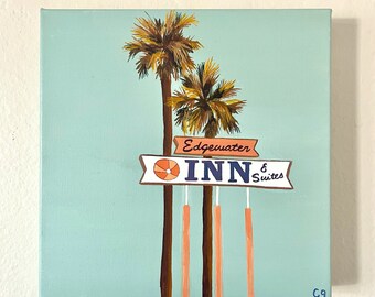 Original One of Kind Fine Art Acrylic Pop Art California Hotel Inn vibrant Blue Landscape Painting Gift Wall Art Home Decor Beach