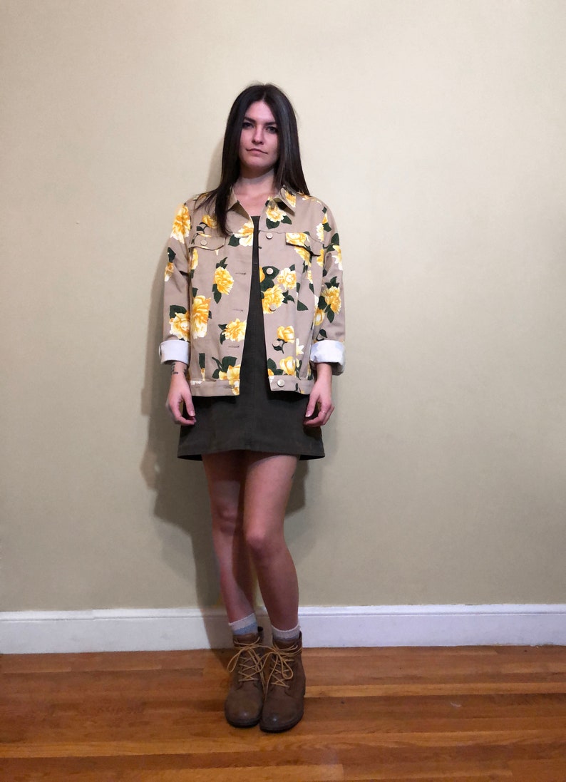 Vintage 1990/'s Khaki Beige Yellow and Green Floral Print Dahlia Flower Button up Jacket Size M 10