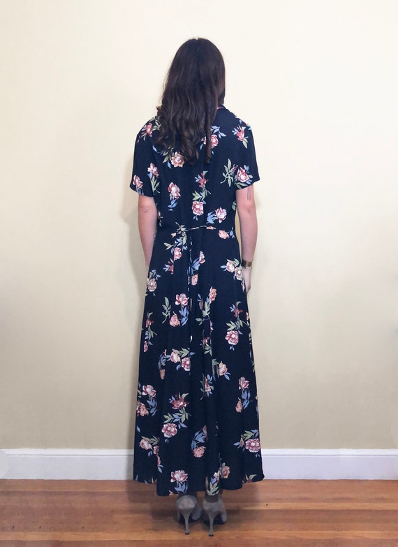 Vintage 1990's Dark Blue Navy Floral Long Collare… - image 2