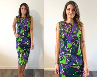 Authentic Vintage 1960's Palm Beach Skimmers Hippy Hippie Psychedelic Sleeveless Abstract Patterned Green and Purple Pencil dress Size Small