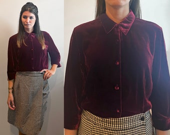 Vintage 1990's Ann Taylor Red Crimson Velvet Holiday Christmas 3/4 Length Sleeve Formal Button Up Collared Blouse