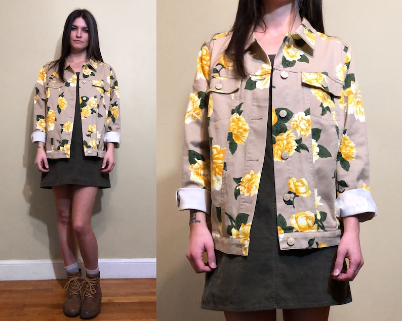 Vintage 1990/'s Khaki Beige Yellow and Green Floral Print Dahlia Flower Button up Jacket Size M 10