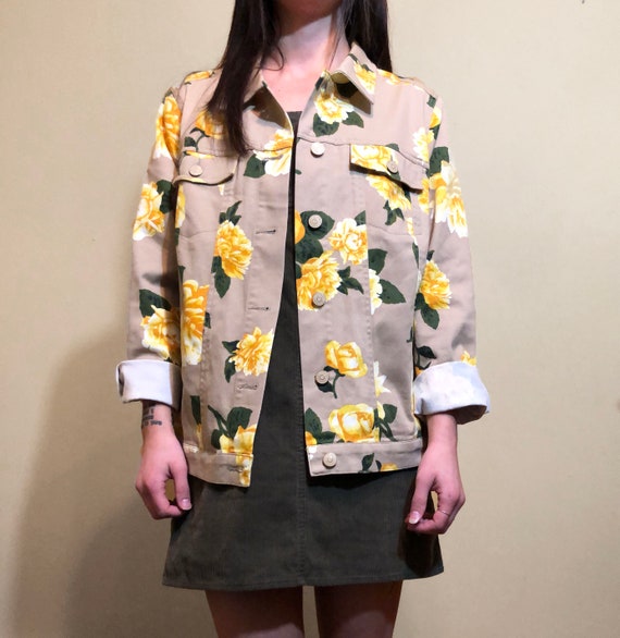 Vintage 1990's Khaki Beige Yellow and Green Flora… - image 4