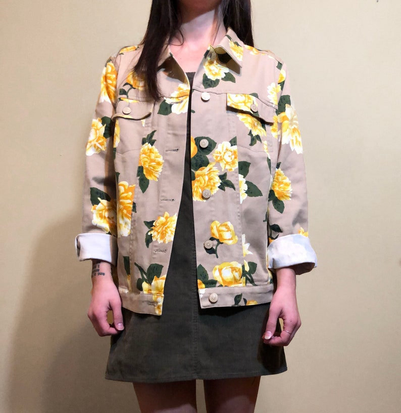 Vintage 1990/'s Khaki Beige Yellow and Green Floral Print Dahlia Flower Button up Jacket Size M 10