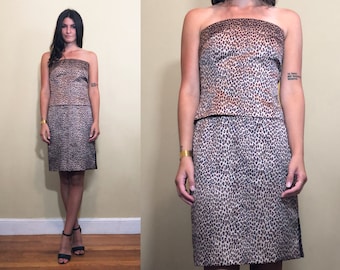 Vintage 1990's Strapless Gold Leopard Animal Print Silk-like Two Piece Set Tube Top and Skirt Dress Size 2